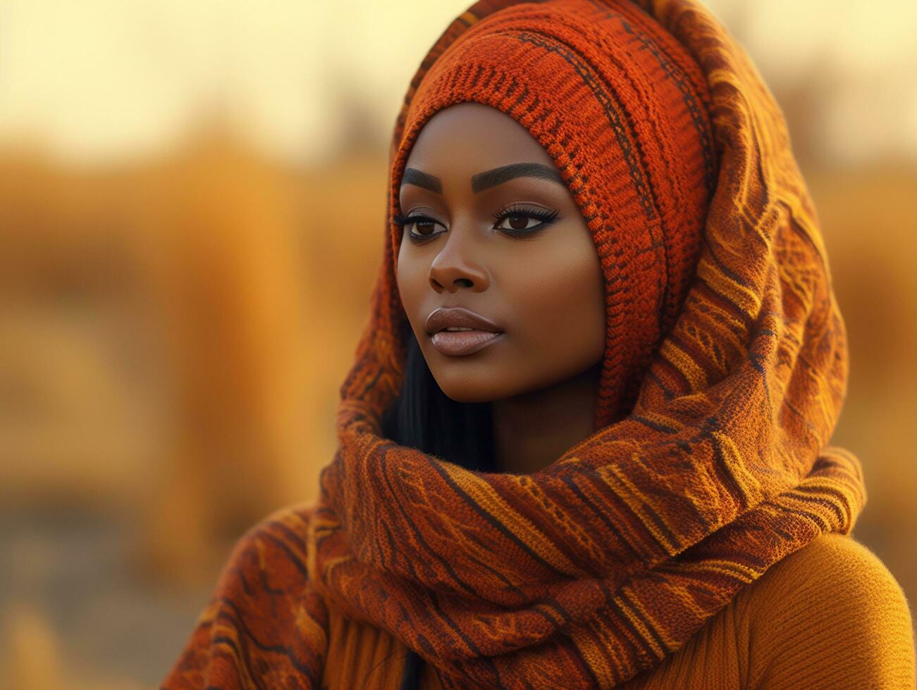 photo of emotional dynamic pose African woman in autumn AI Generative