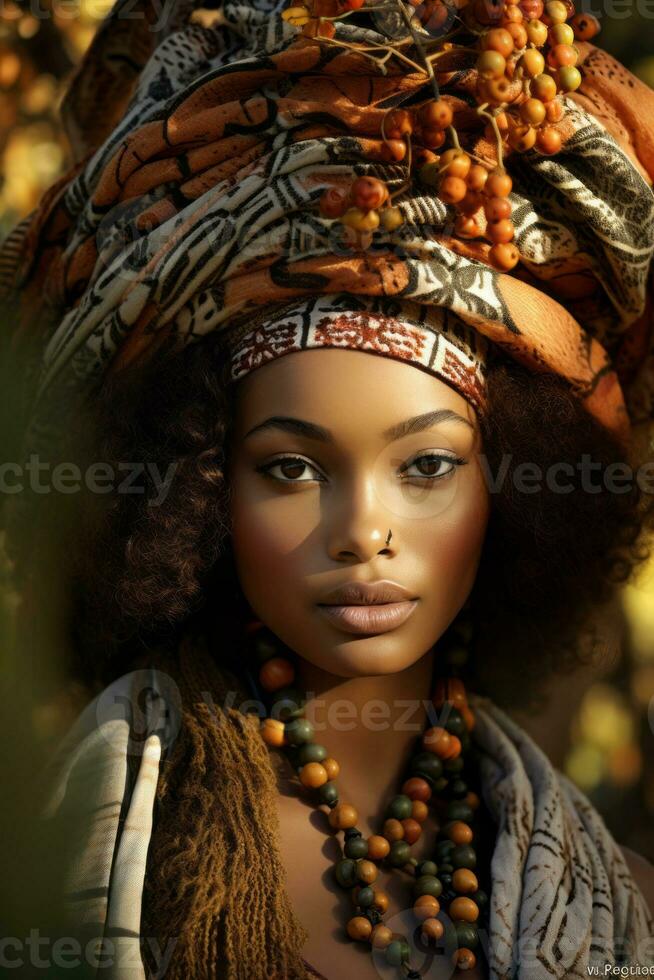 photo of emotional dynamic pose African woman in autumn AI Generative