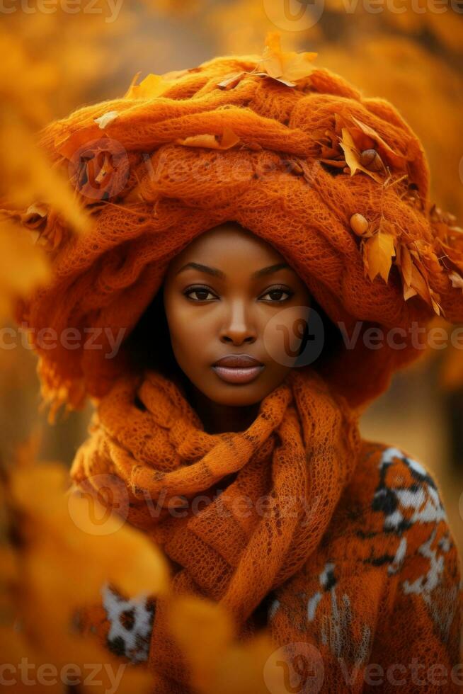 photo of emotional dynamic pose African woman in autumn AI Generative