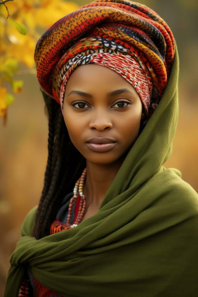 photo of emotional dynamic pose African woman in autumn AI Generative