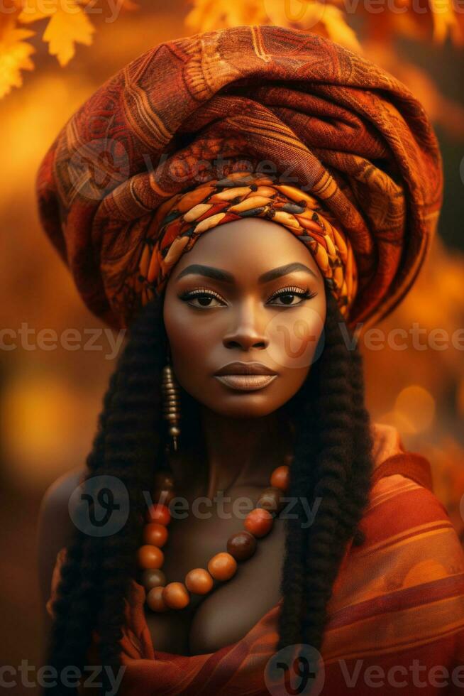 photo of emotional dynamic pose African woman in autumn AI Generative