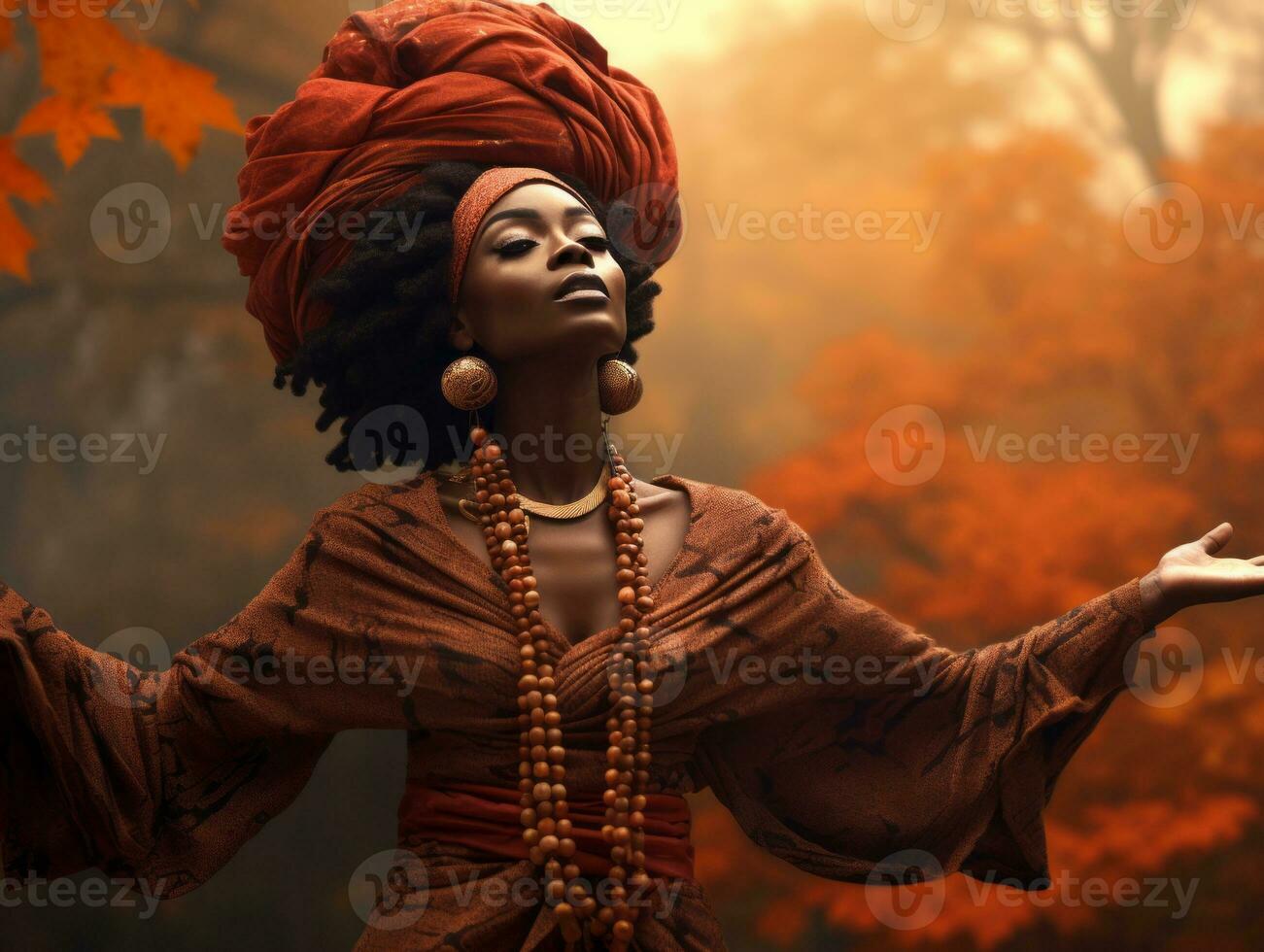 foto de emocional dinámica actitud africano mujer en otoño ai generativo