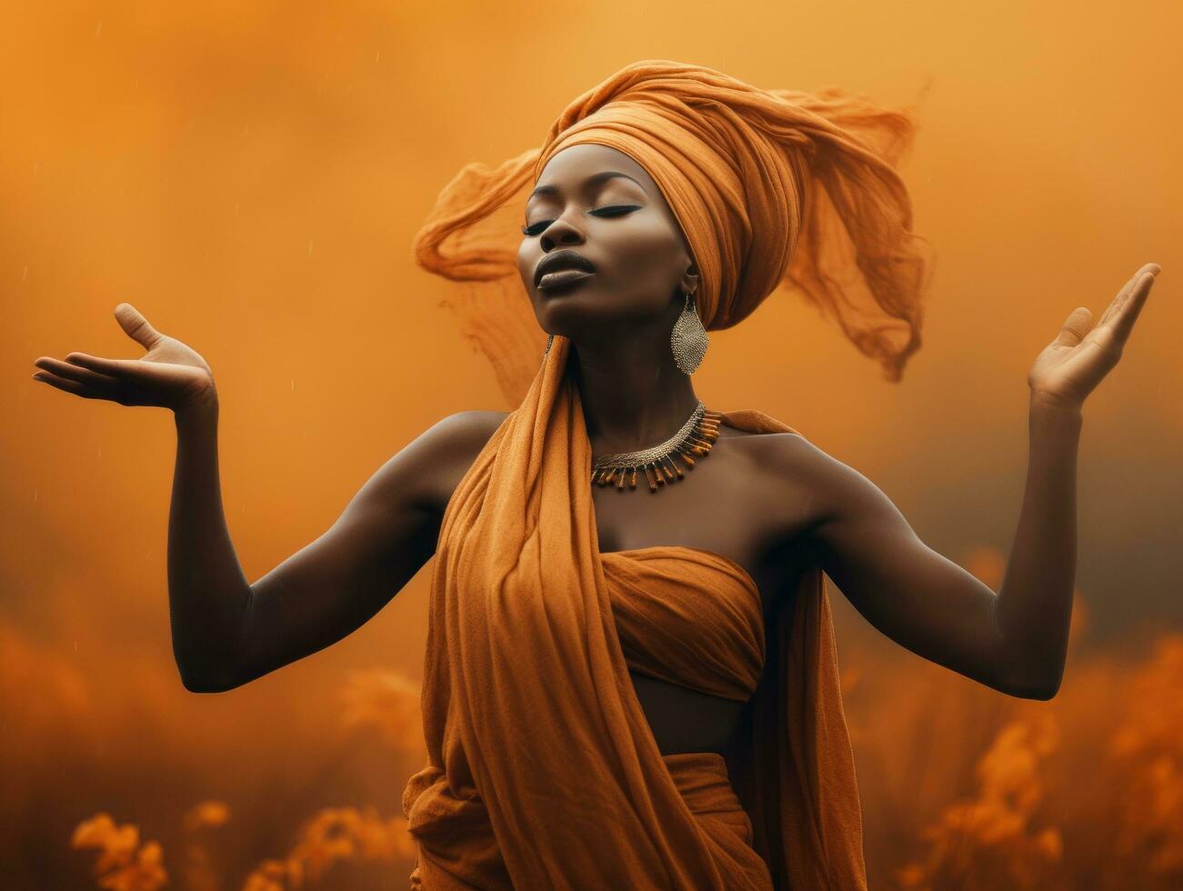 photo of emotional dynamic pose African woman in autumn AI Generative