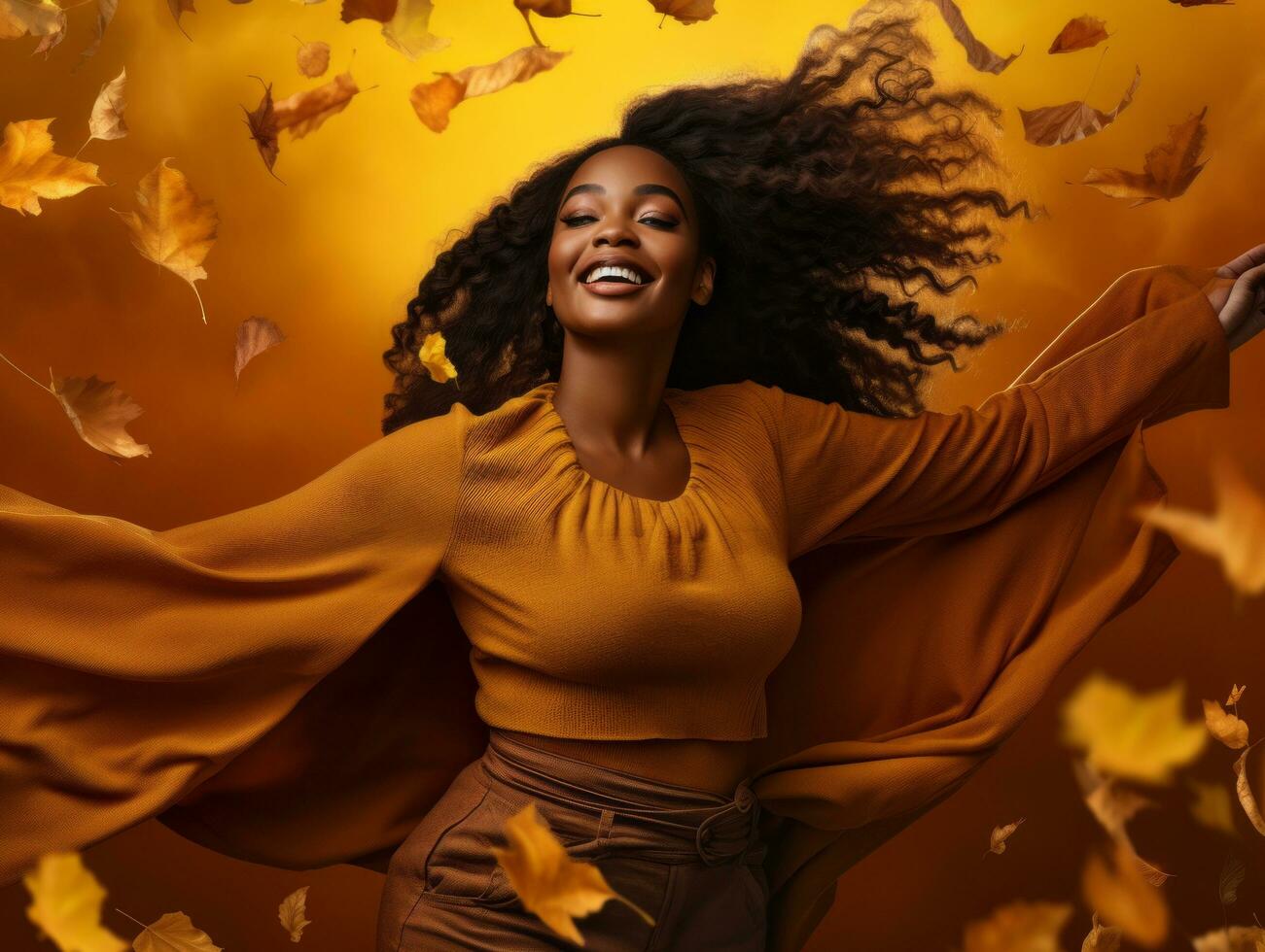 photo of emotional dynamic pose African woman in autumn AI Generative