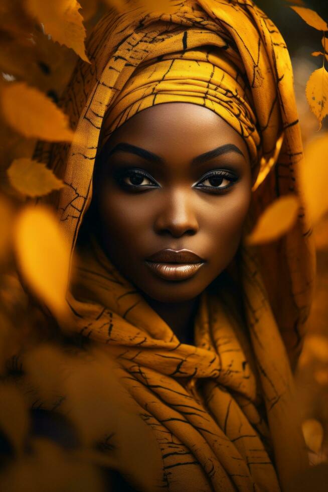 photo of emotional dynamic pose African woman in autumn AI Generative