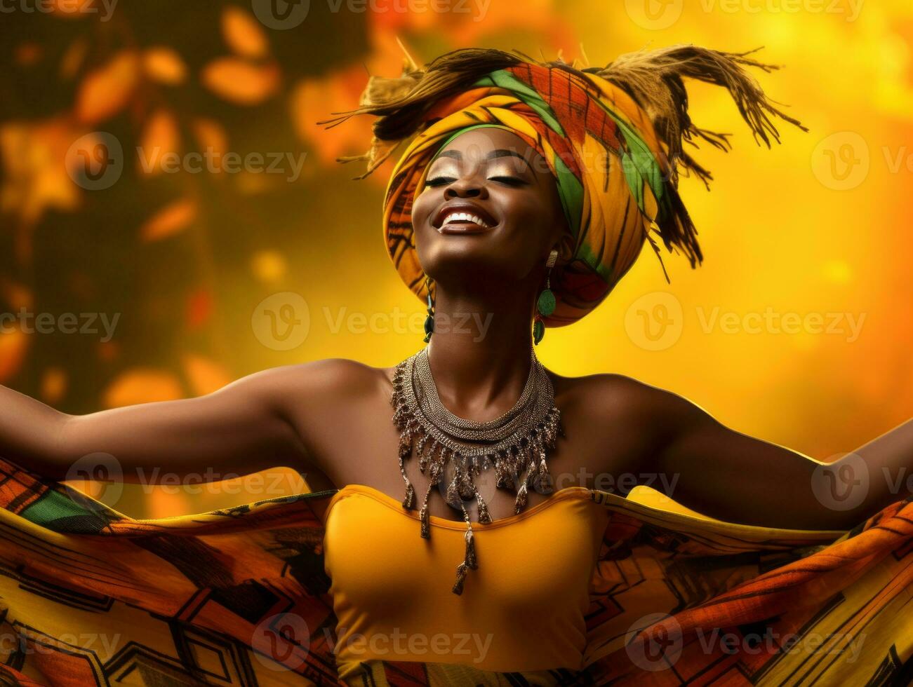 photo of emotional dynamic pose African woman in autumn AI Generative