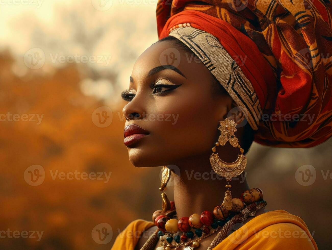 photo of emotional dynamic pose African woman in autumn AI Generative