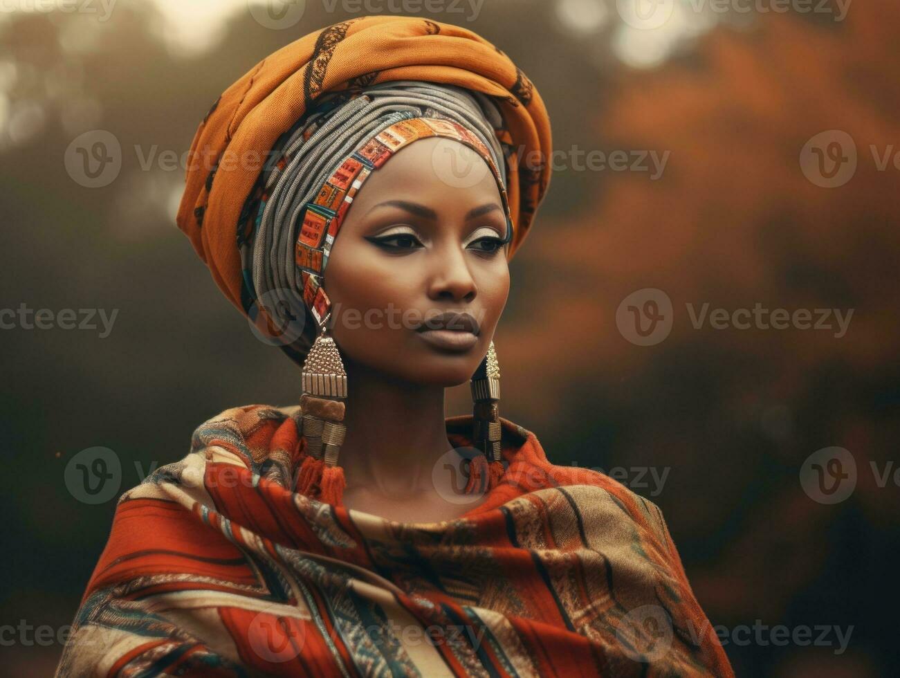 photo of emotional dynamic pose African woman in autumn AI Generative