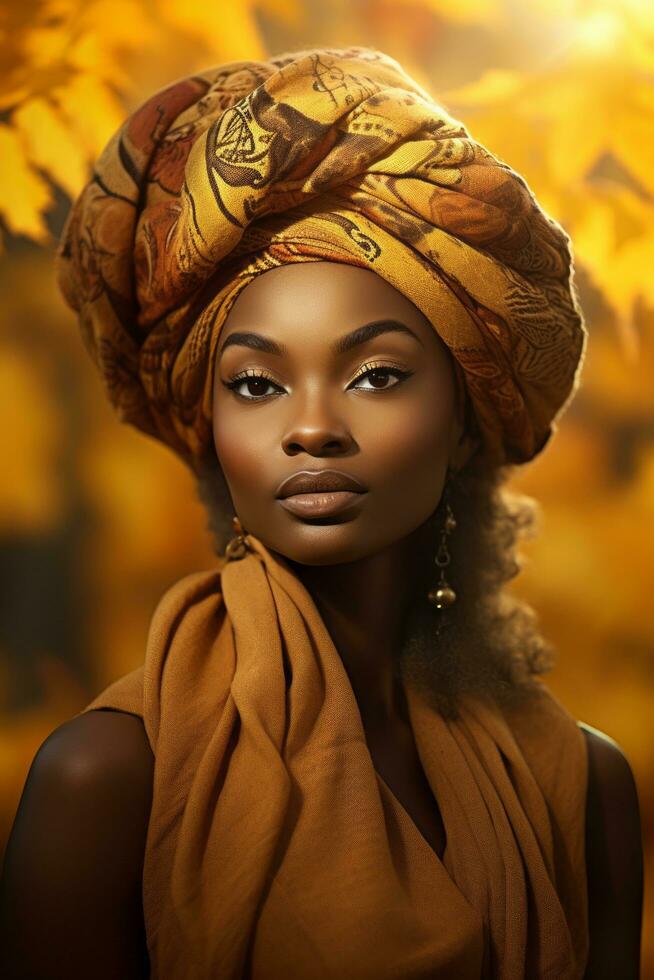 photo of emotional dynamic pose African woman in autumn AI Generative