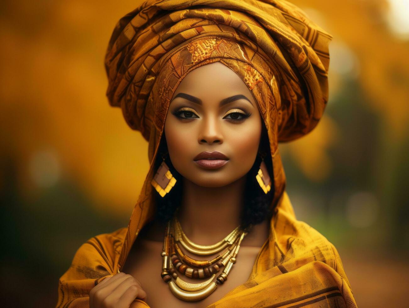 photo of emotional dynamic pose African woman in autumn AI Generative