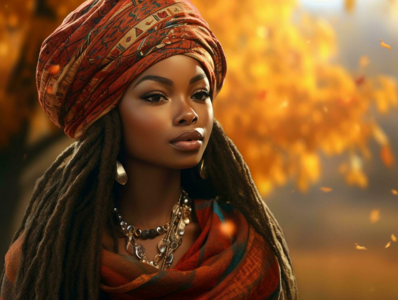 photo of emotional dynamic pose African woman in autumn AI Generative