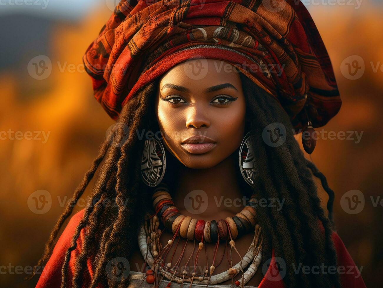 photo of emotional dynamic pose African woman in autumn AI Generative