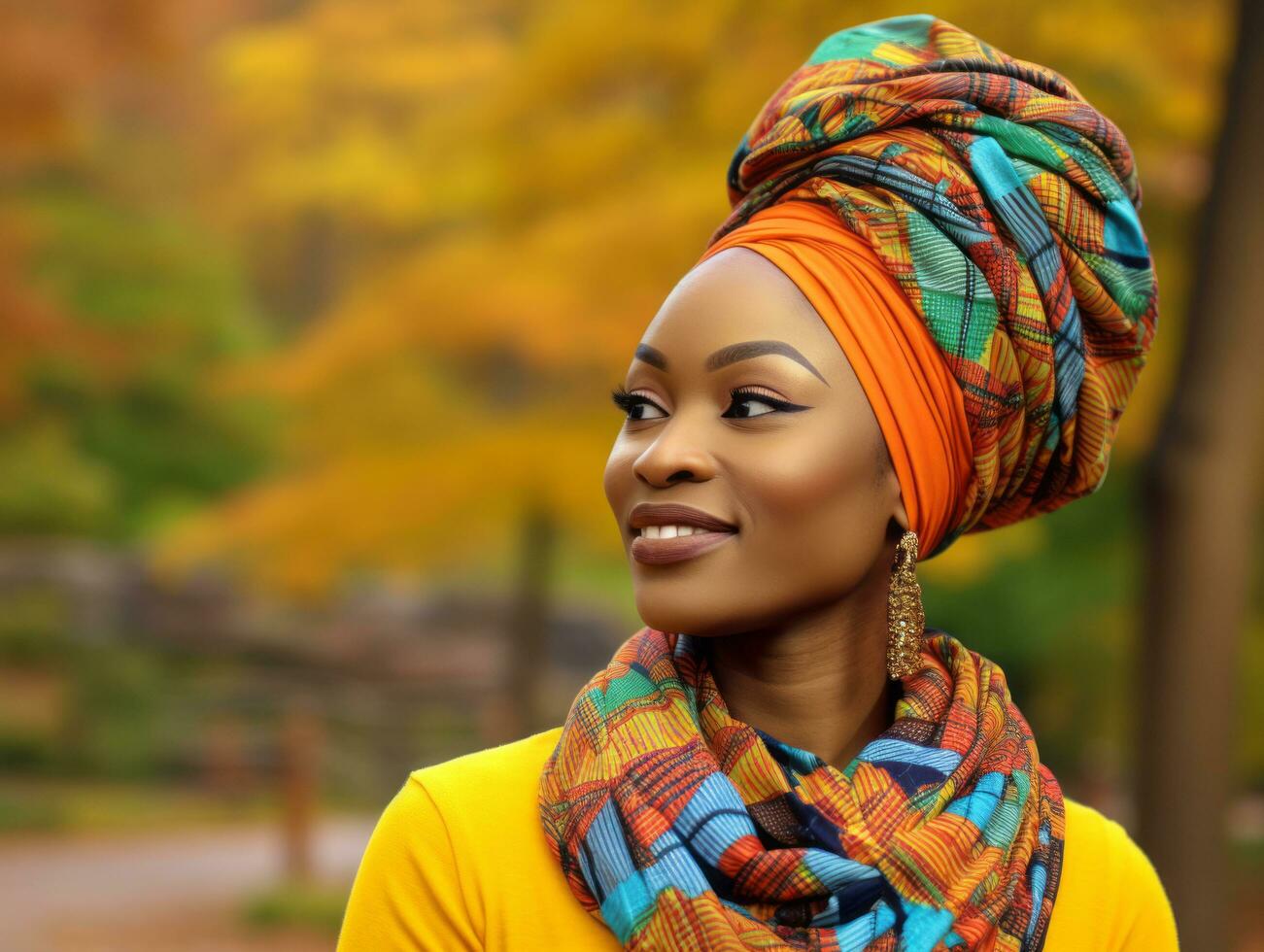 photo of emotional dynamic pose African woman in autumn AI Generative