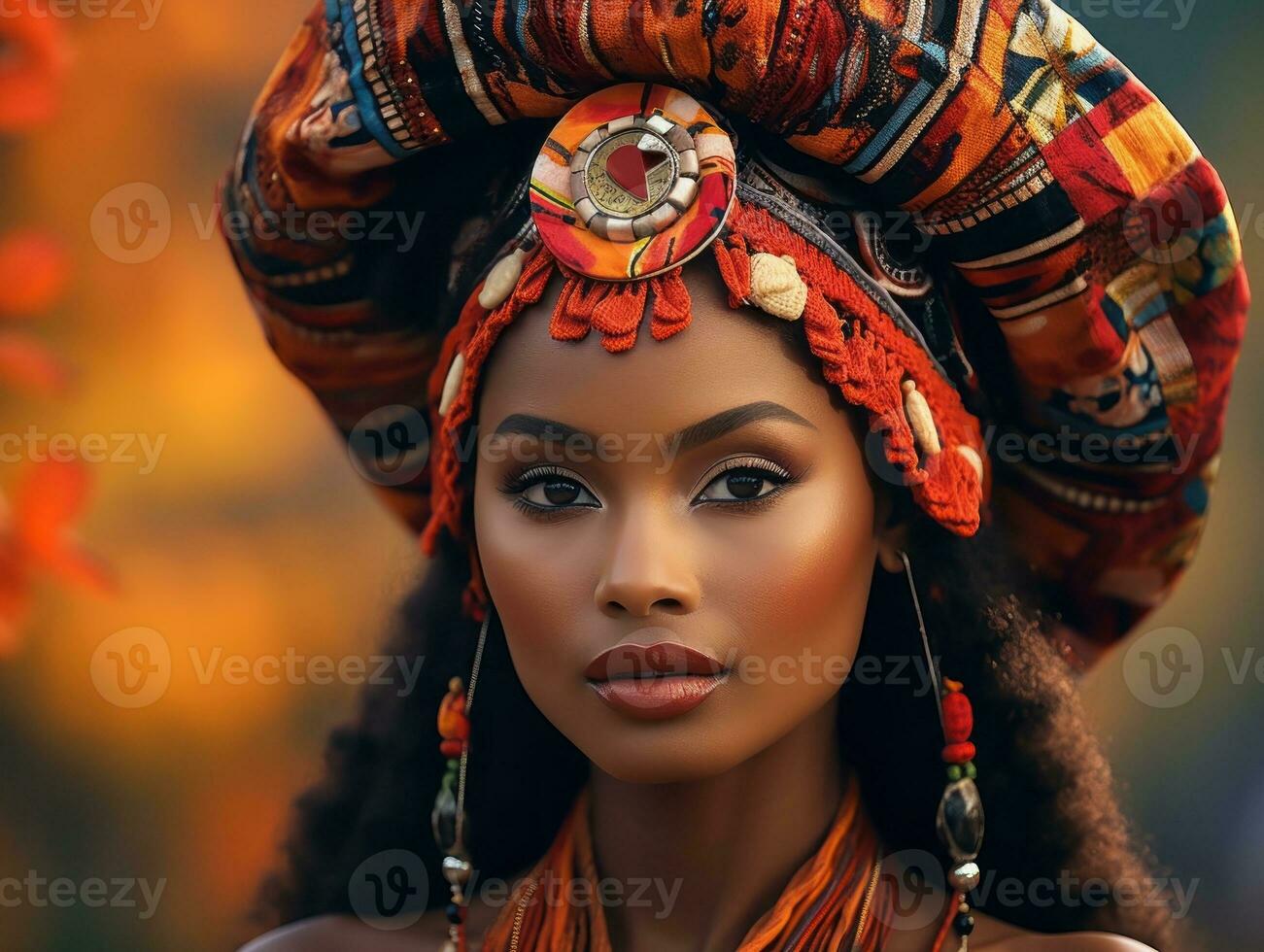 photo of emotional dynamic pose African woman in autumn AI Generative