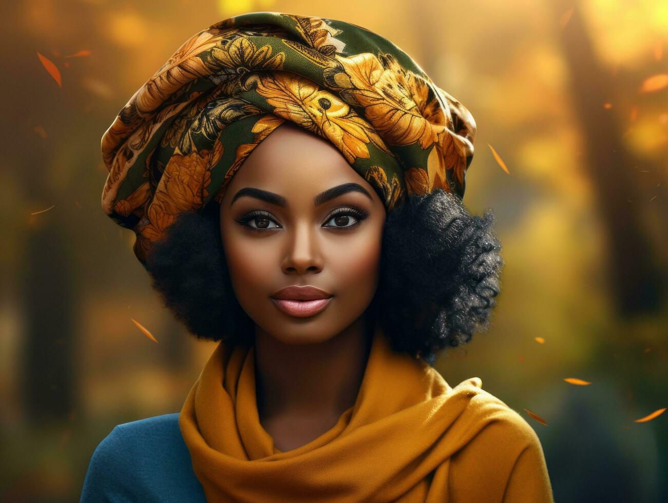 photo of emotional dynamic pose African woman in autumn AI Generative