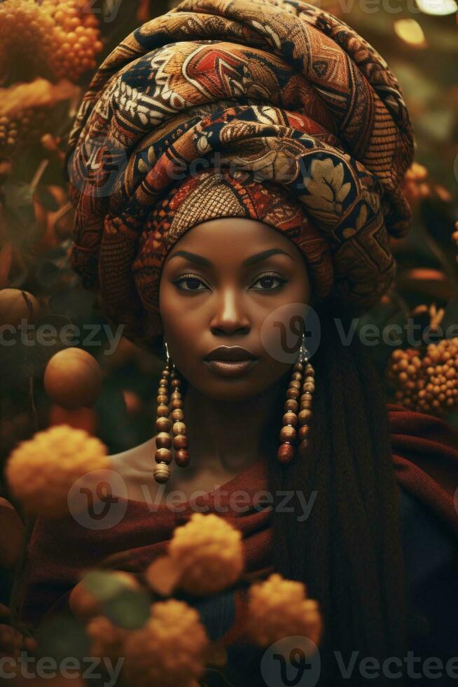 photo of emotional dynamic pose African woman in autumn AI Generative