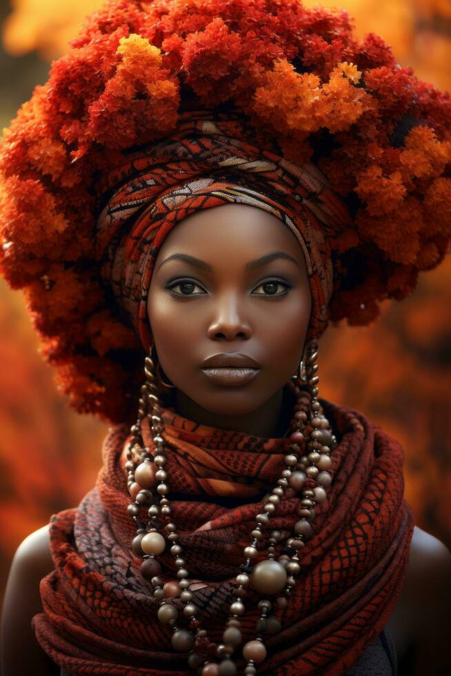 photo of emotional dynamic pose African woman in autumn AI Generative