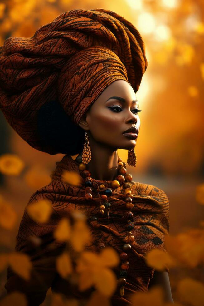 photo of emotional dynamic pose African woman in autumn AI Generative