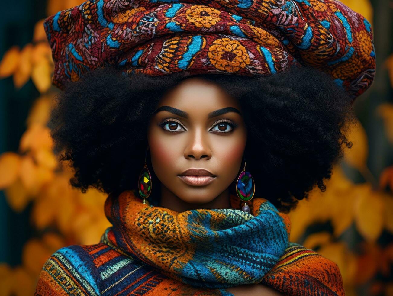 photo of emotional dynamic pose African woman in autumn AI Generative