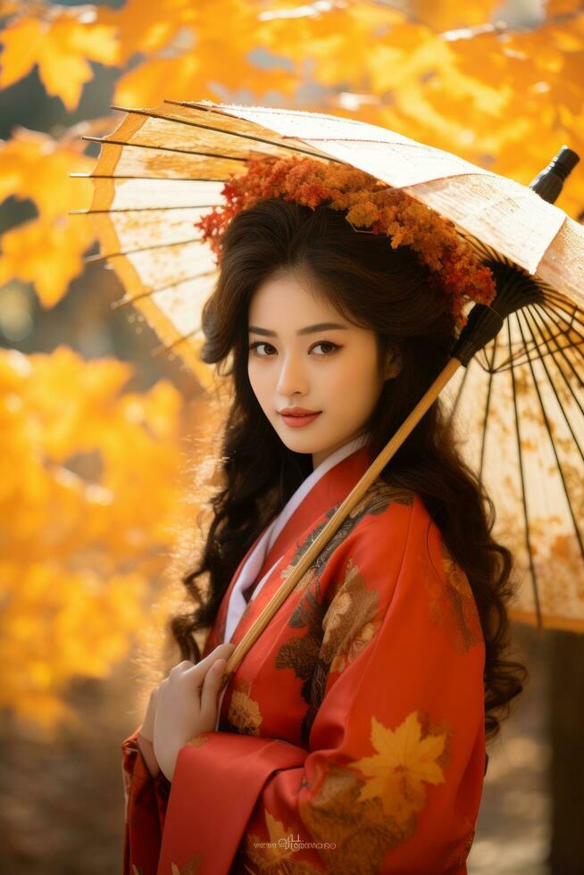 photo of emotional dynamic pose Asian woman in autumn AI Generative