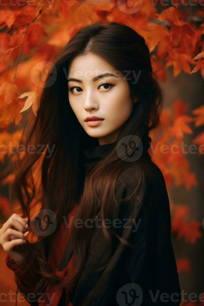 photo of emotional dynamic pose Asian woman in autumn AI Generative