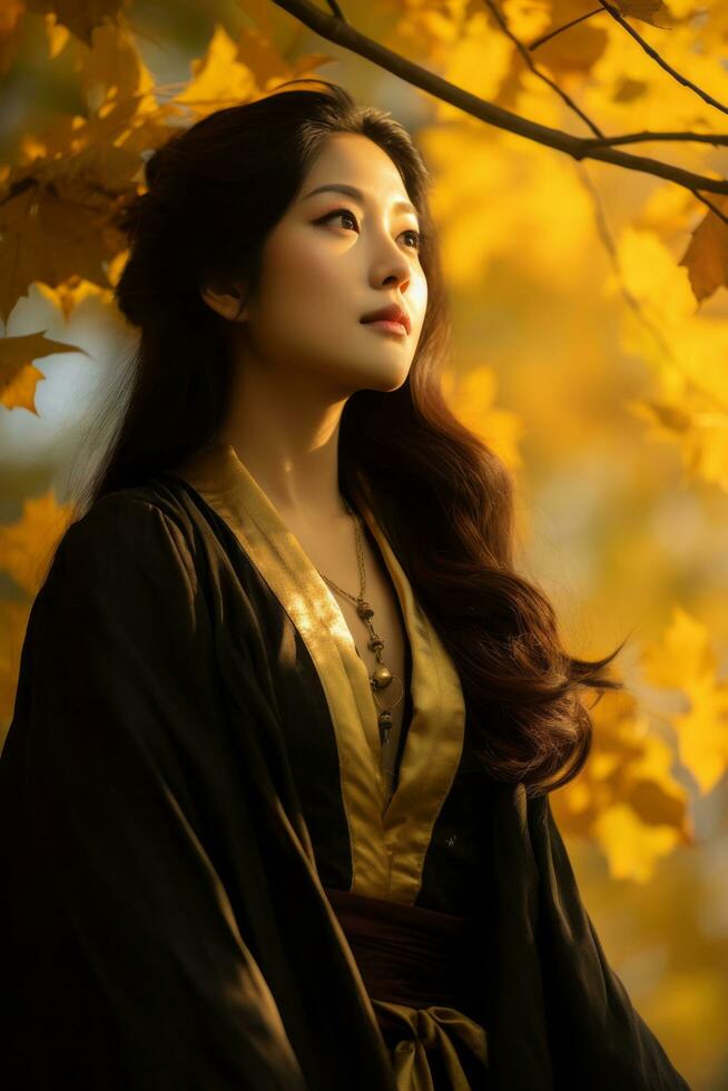 photo of emotional dynamic pose Asian woman in autumn AI Generative