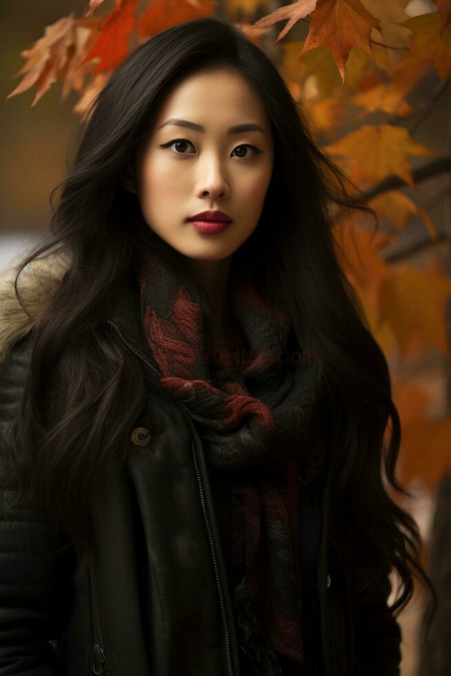 photo of emotional dynamic pose Asian woman in autumn AI Generative