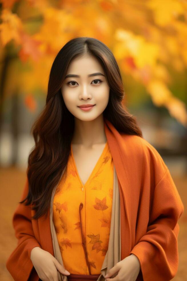 photo of emotional dynamic pose Asian woman in autumn AI Generative