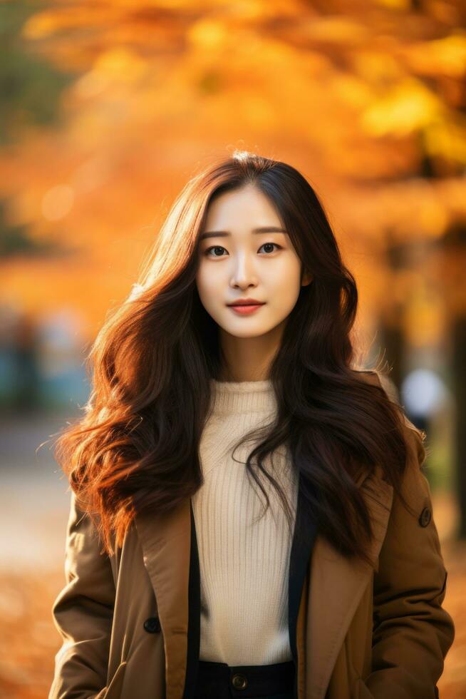 photo of emotional dynamic pose Asian woman in autumn AI Generative