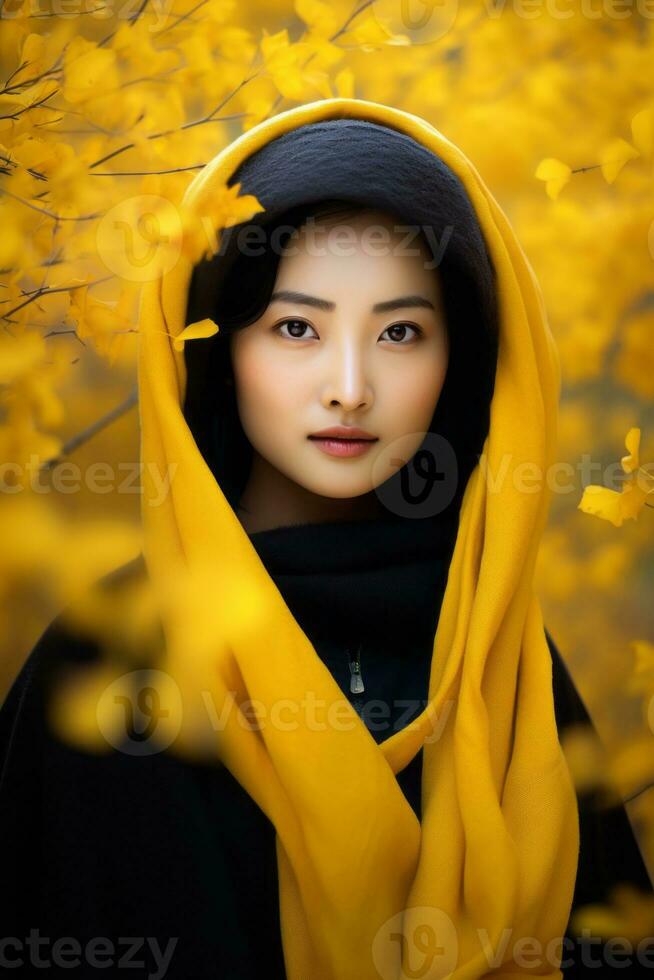 photo of emotional dynamic pose Asian woman in autumn AI Generative