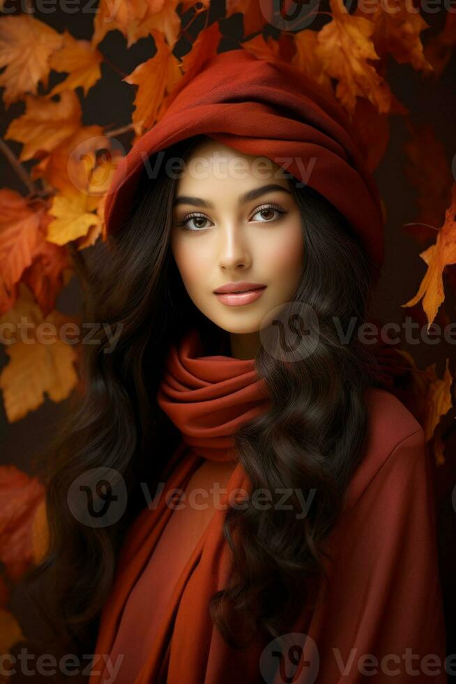 photo of emotional dynamic pose Asian woman in autumn AI Generative