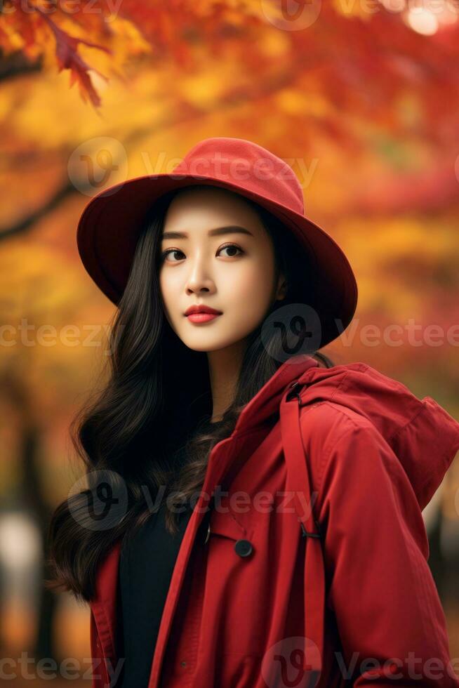 photo of emotional dynamic pose Asian woman in autumn AI Generative
