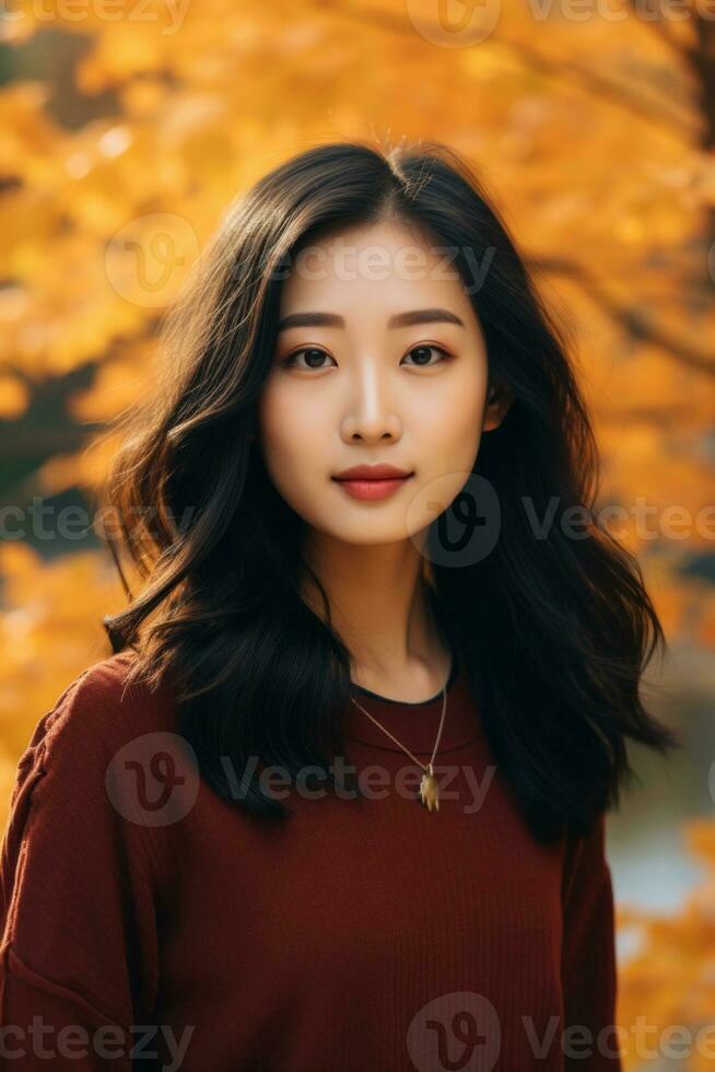 photo of emotional dynamic pose Asian woman in autumn AI Generative
