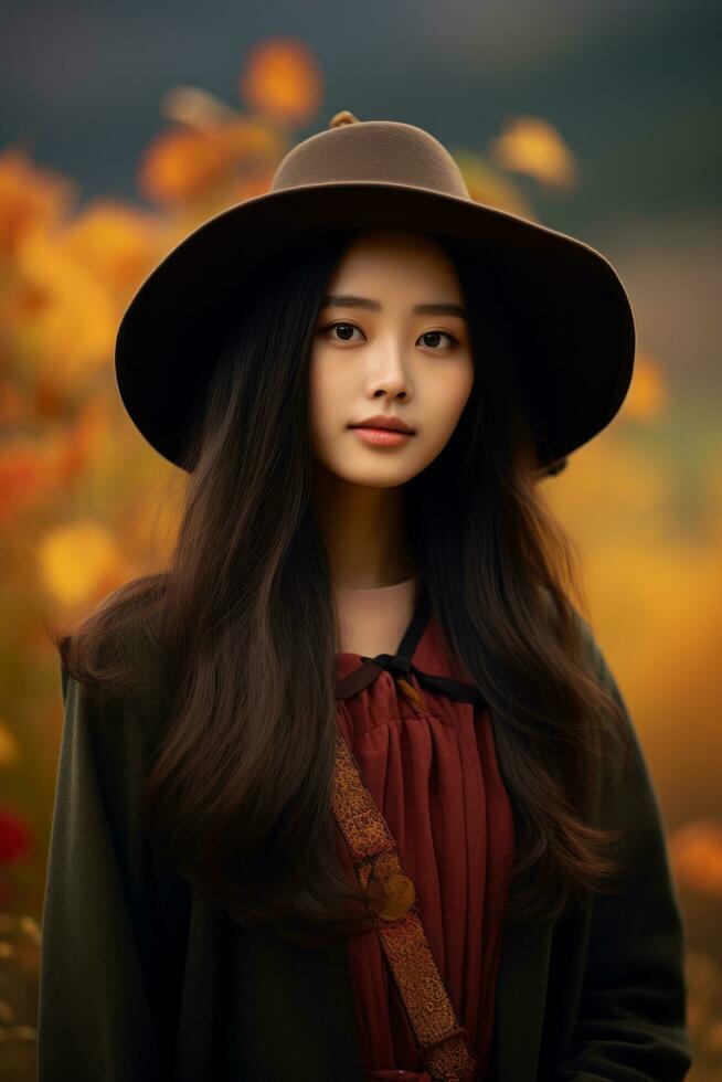 photo of emotional dynamic pose Asian woman in autumn AI Generative