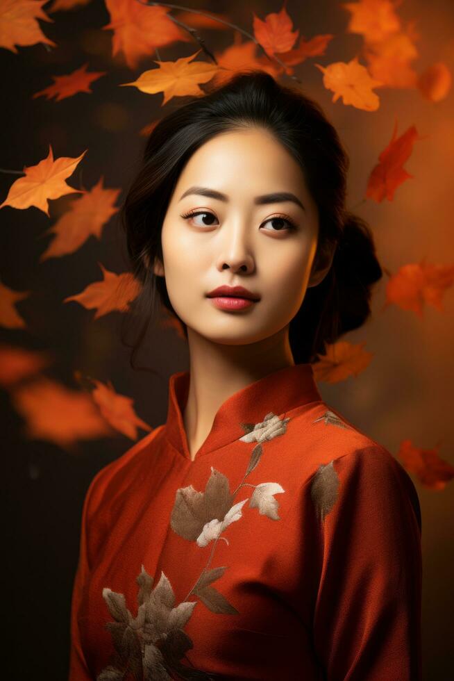 photo of emotional dynamic pose Asian woman in autumn AI Generative