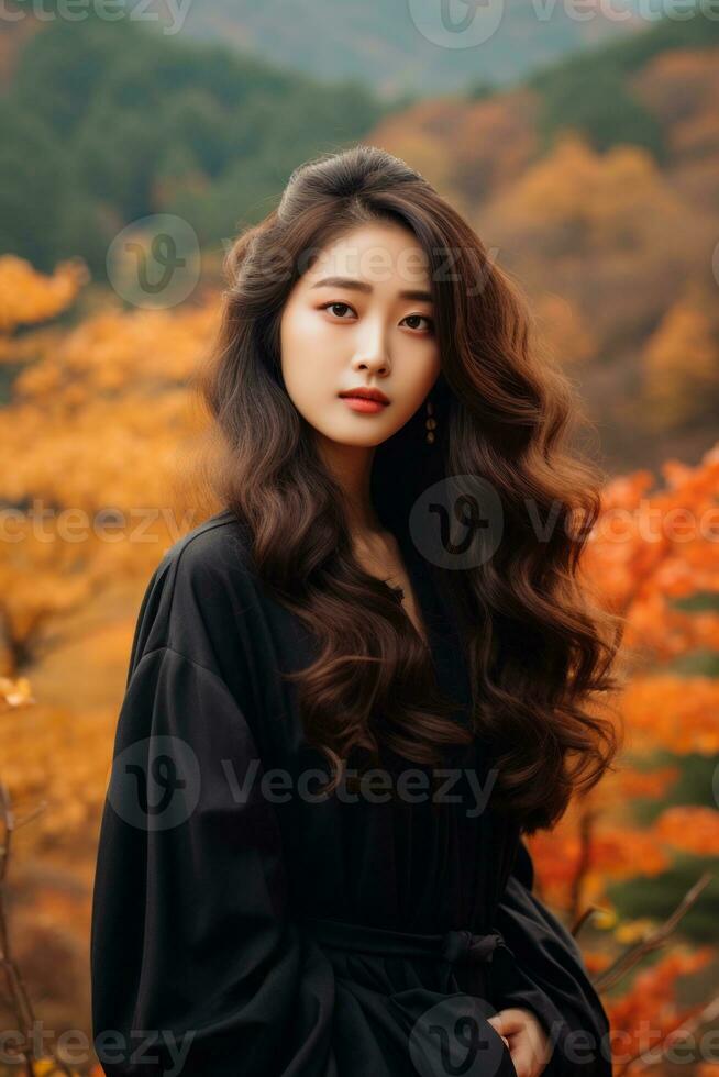 photo of emotional dynamic pose Asian woman in autumn AI Generative