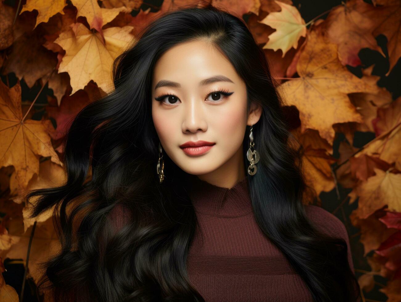 photo of emotional dynamic pose Asian woman in autumn AI Generative