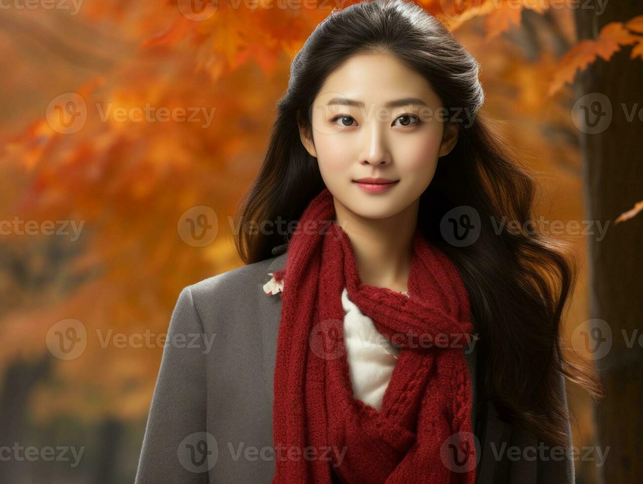 photo of emotional dynamic pose Asian woman in autumn AI Generative