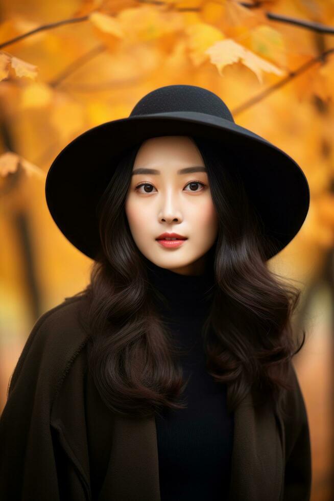 photo of emotional dynamic pose Asian woman in autumn AI Generative