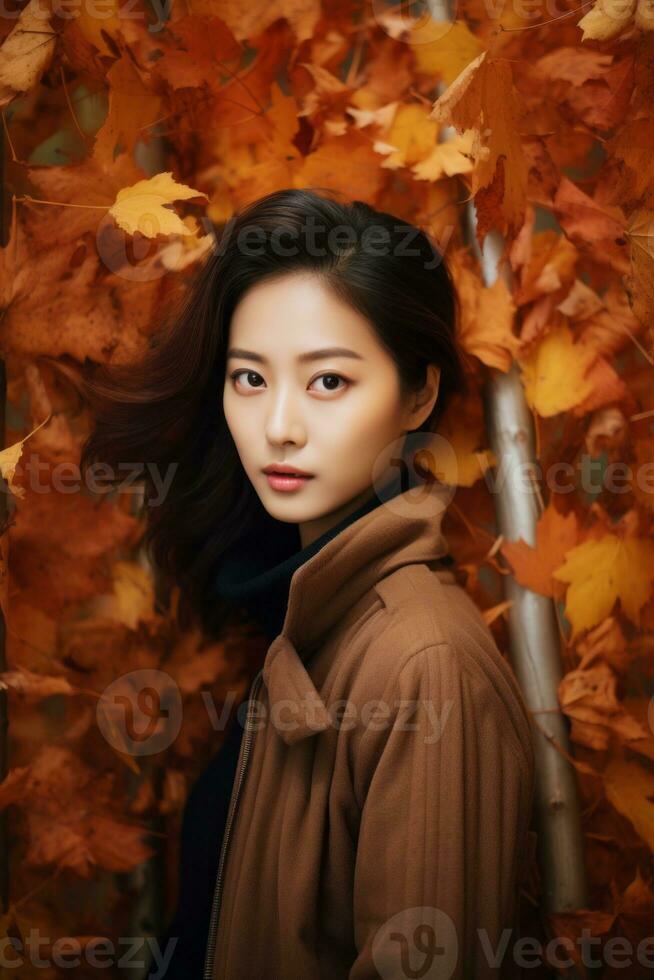 photo of emotional dynamic pose Asian woman in autumn AI Generative