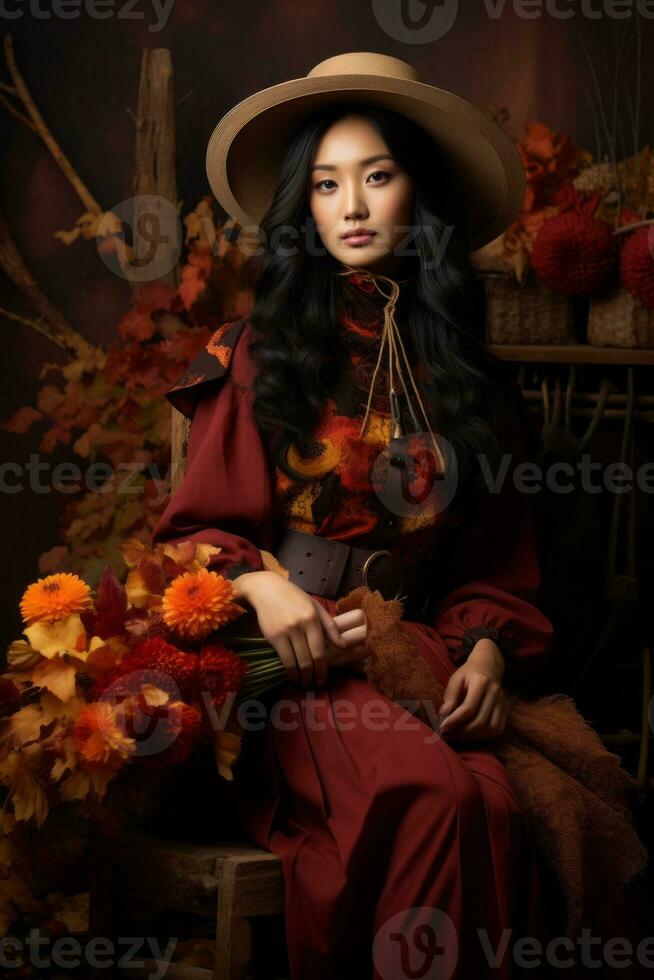 photo of emotional dynamic pose Asian woman in autumn AI Generative