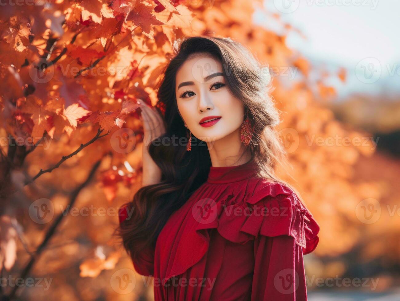 photo of emotional dynamic pose Asian woman in autumn AI Generative