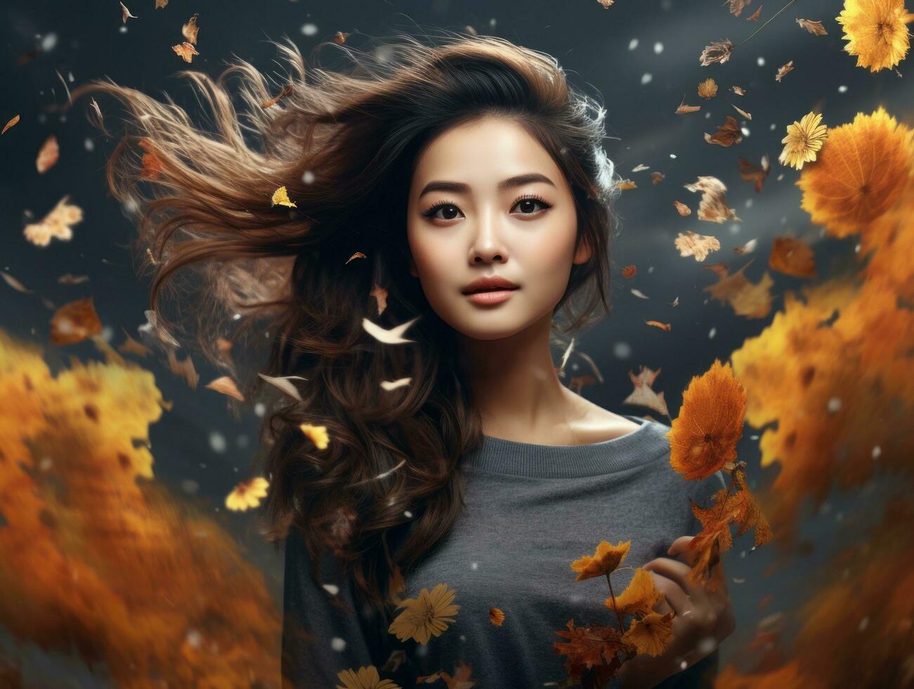 photo of emotional dynamic pose Asian woman in autumn AI Generative
