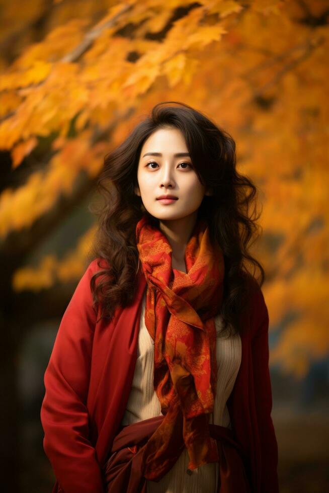 photo of emotional dynamic pose Asian woman in autumn AI Generative