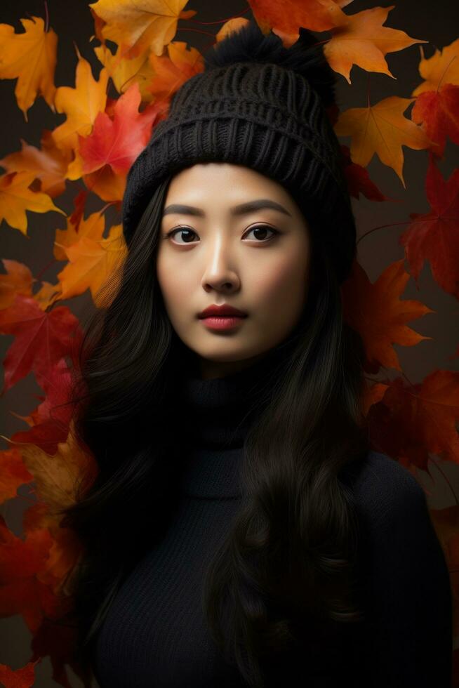 photo of emotional dynamic pose Asian woman in autumn AI Generative