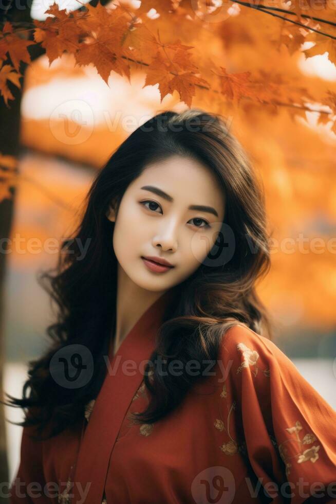 photo of emotional dynamic pose Asian woman in autumn AI Generative