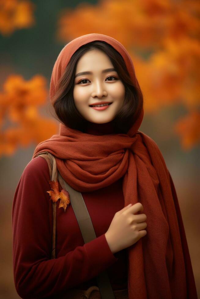 photo of emotional dynamic pose Asian woman in autumn AI Generative