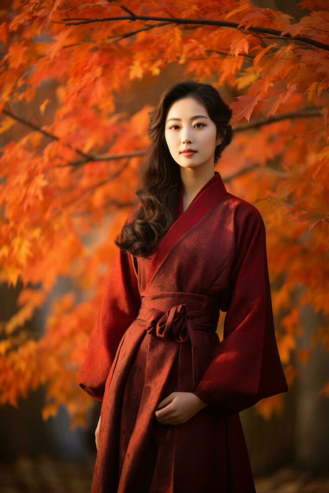 photo of emotional dynamic pose Asian woman in autumn AI Generative