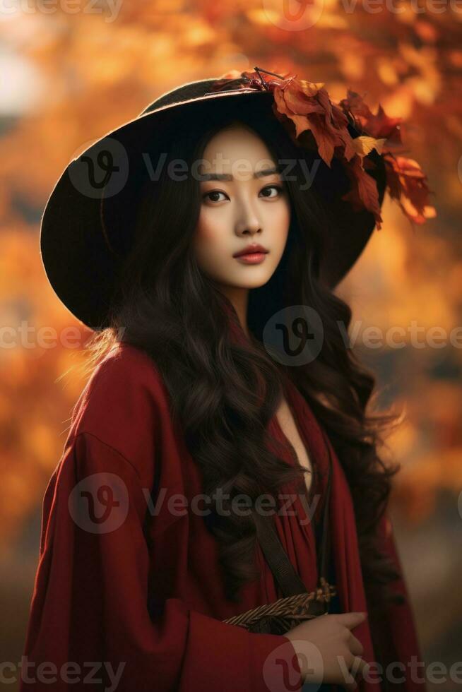 photo of emotional dynamic pose Asian woman in autumn AI Generative