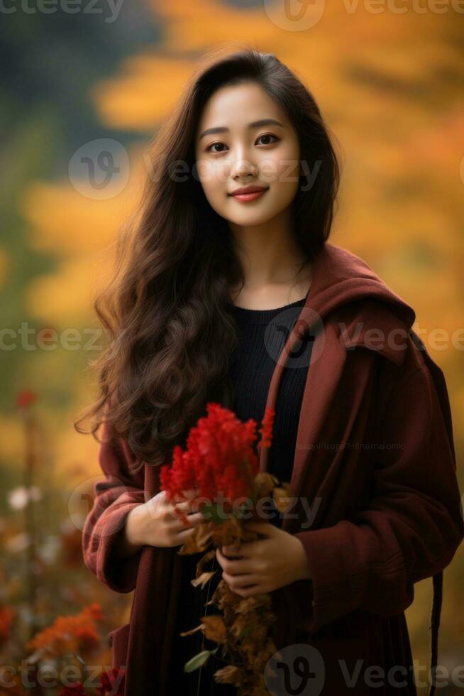 photo of emotional dynamic pose Asian woman in autumn AI Generative